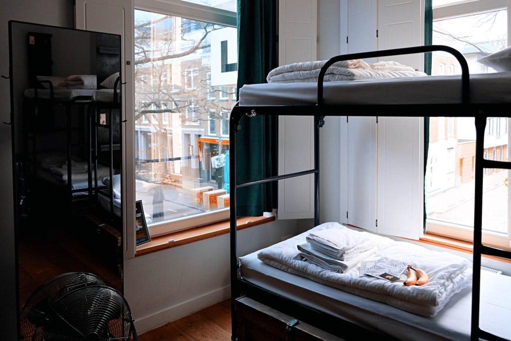 hostel room with bunk beds