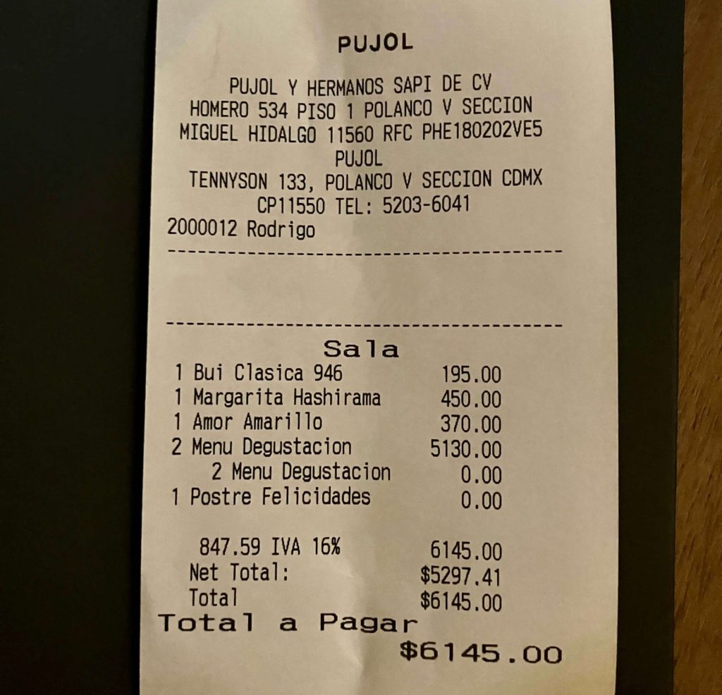 receipt at Pujol Mexico City