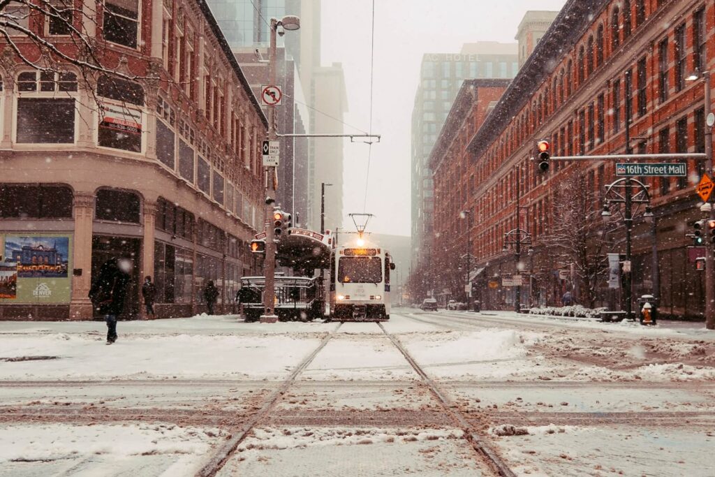 Light Rail In Downtown Denver In The Snow