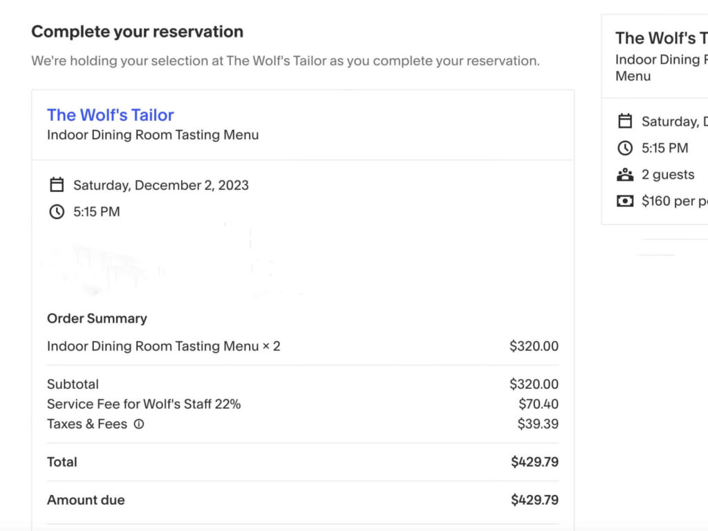 Example Reservation on Tock